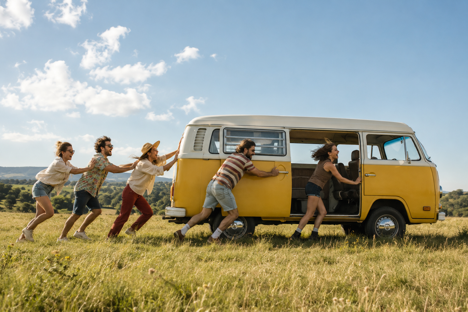 People pushing a yellow vintage van across a field